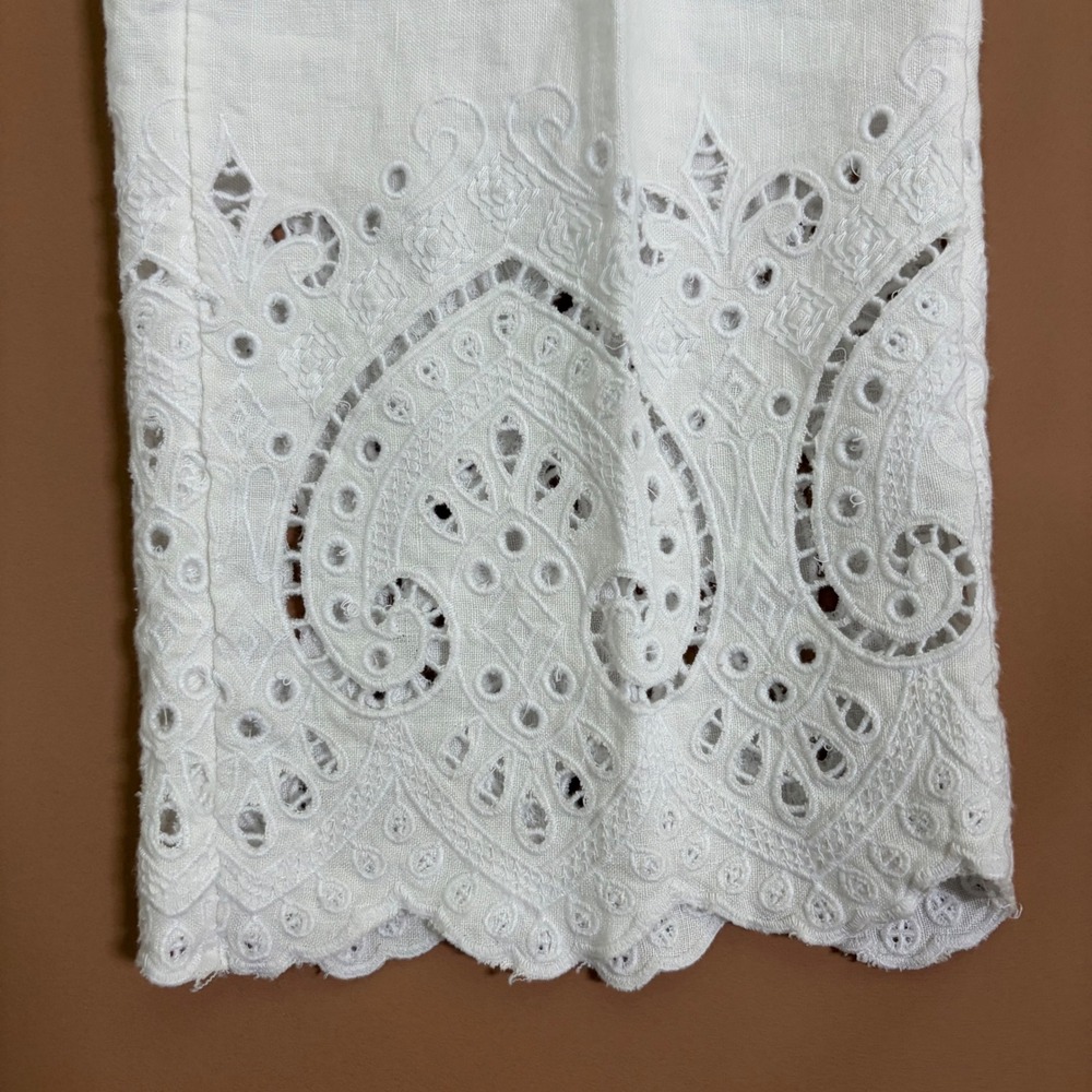 Chicos White 100% Linen 2 Piece Eyelet Embroidery Pant Set Jacket Size 0 S 4 6 - Picture 3 of 15